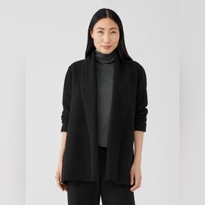 Eileen Fisher Black Boiled Wool High Collar Jacket Open Front Cardigan M